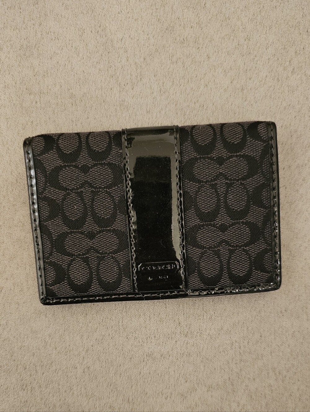 Coach Black Signature Compact Card Holder with Patent Center